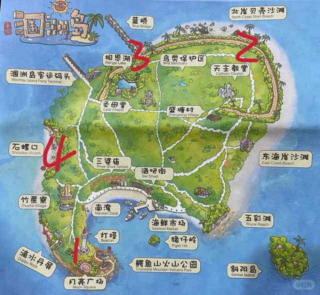 涠洲岛骑行环岛路线示意图